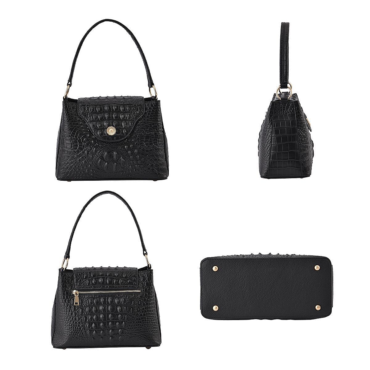 Genuine Leather Patterned Crossbody Bag (Size 27x10x19 cm) - Black & Black