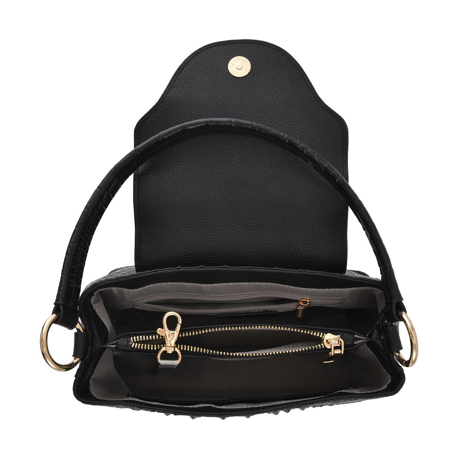 Genuine Leather Patterned Crossbody Bag (Size 27x10x19 cm) - Black & Black