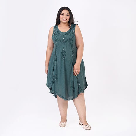 Tamsy 100% Viscose Sequin Floral Embroidery Umbrella Dress (One Size 8-18) - Green