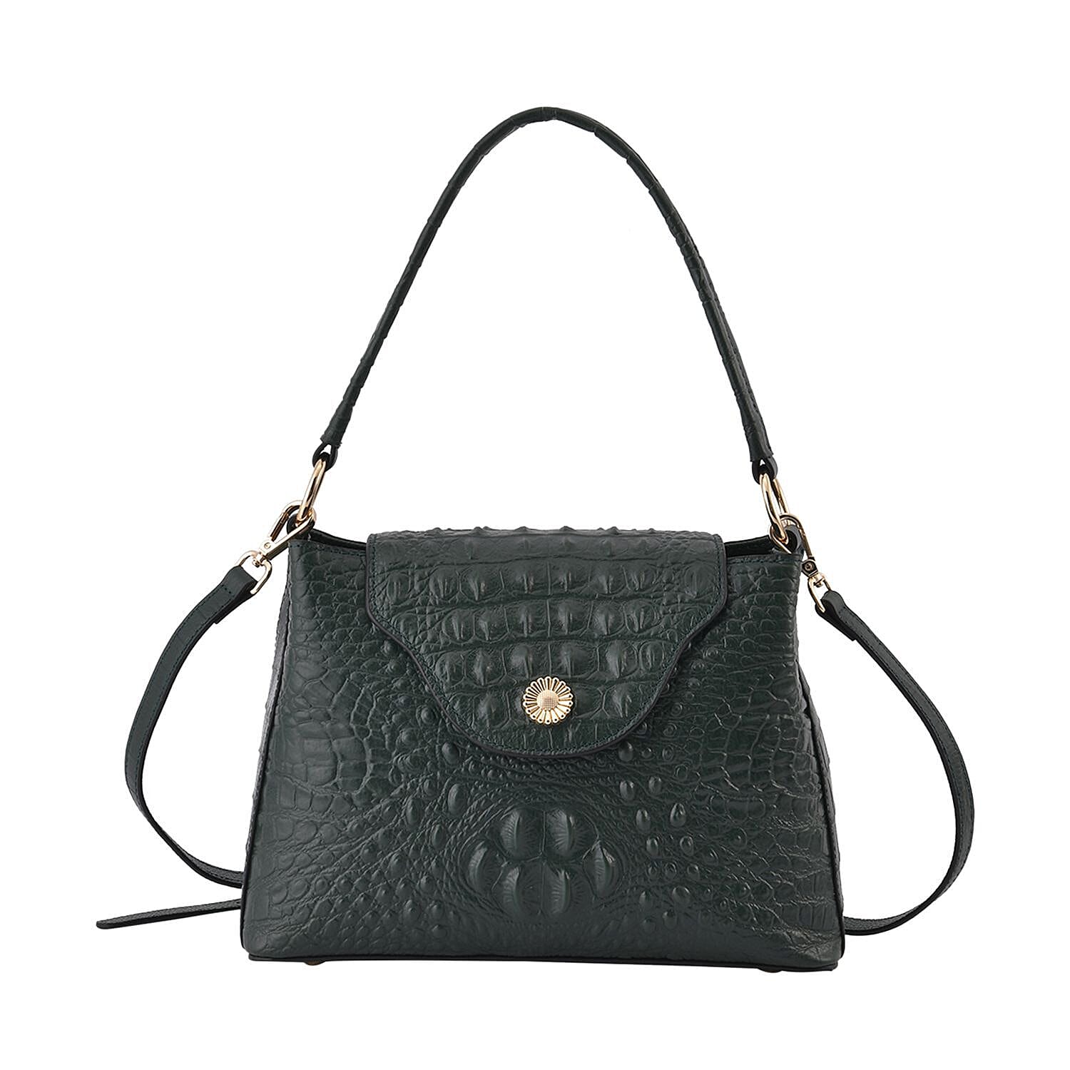 Hong Kong Closeout - 100%  Genuine Leather Croc Embossed Convertible Bag with Detachable Long Strap - Green