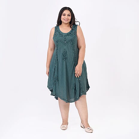 TAMSY 100% Viscose Sequin Floral Embroidery Dress (One Size Curve 20 - 26) - Green