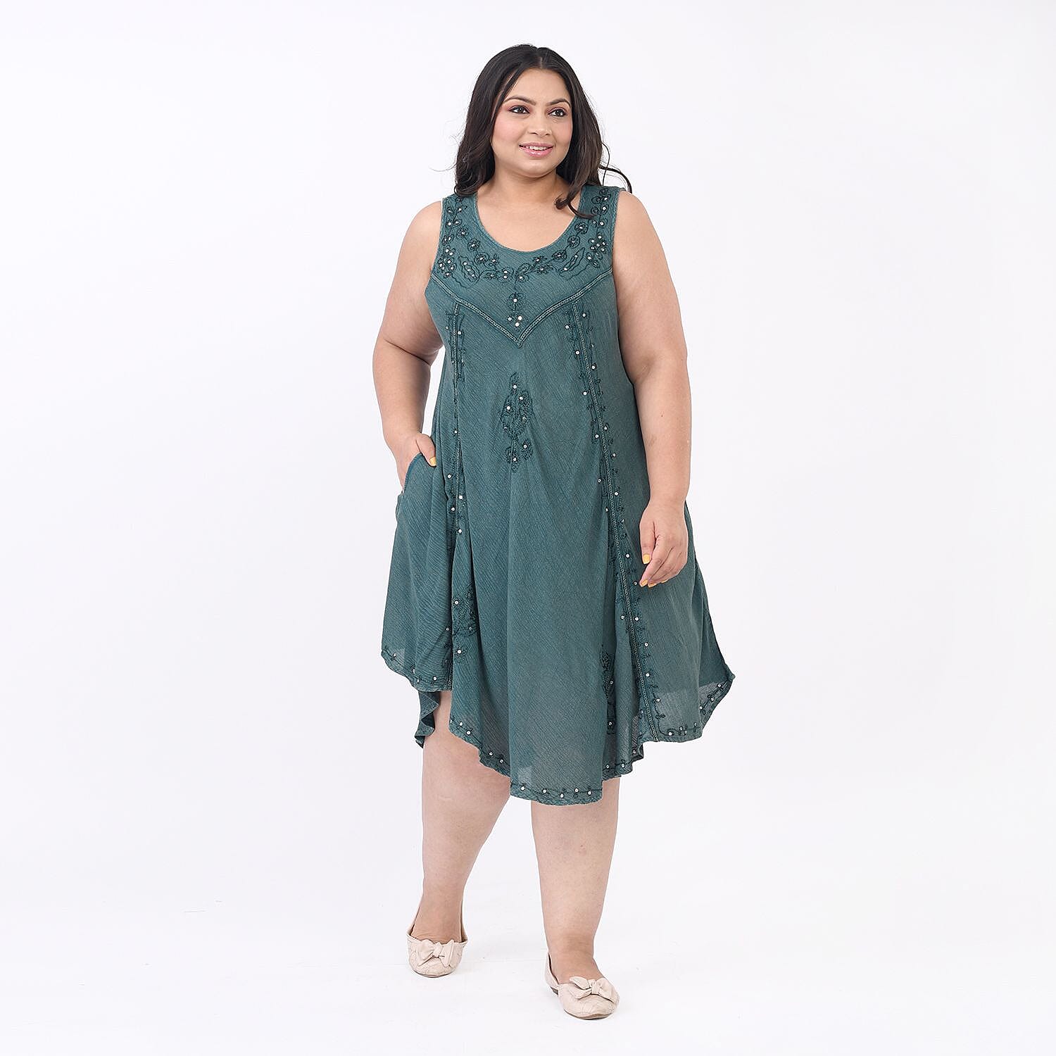 TAMSY 100% Viscose Sequin Floral Embroidery Dress (One Size Curve 20 - 28) - Green