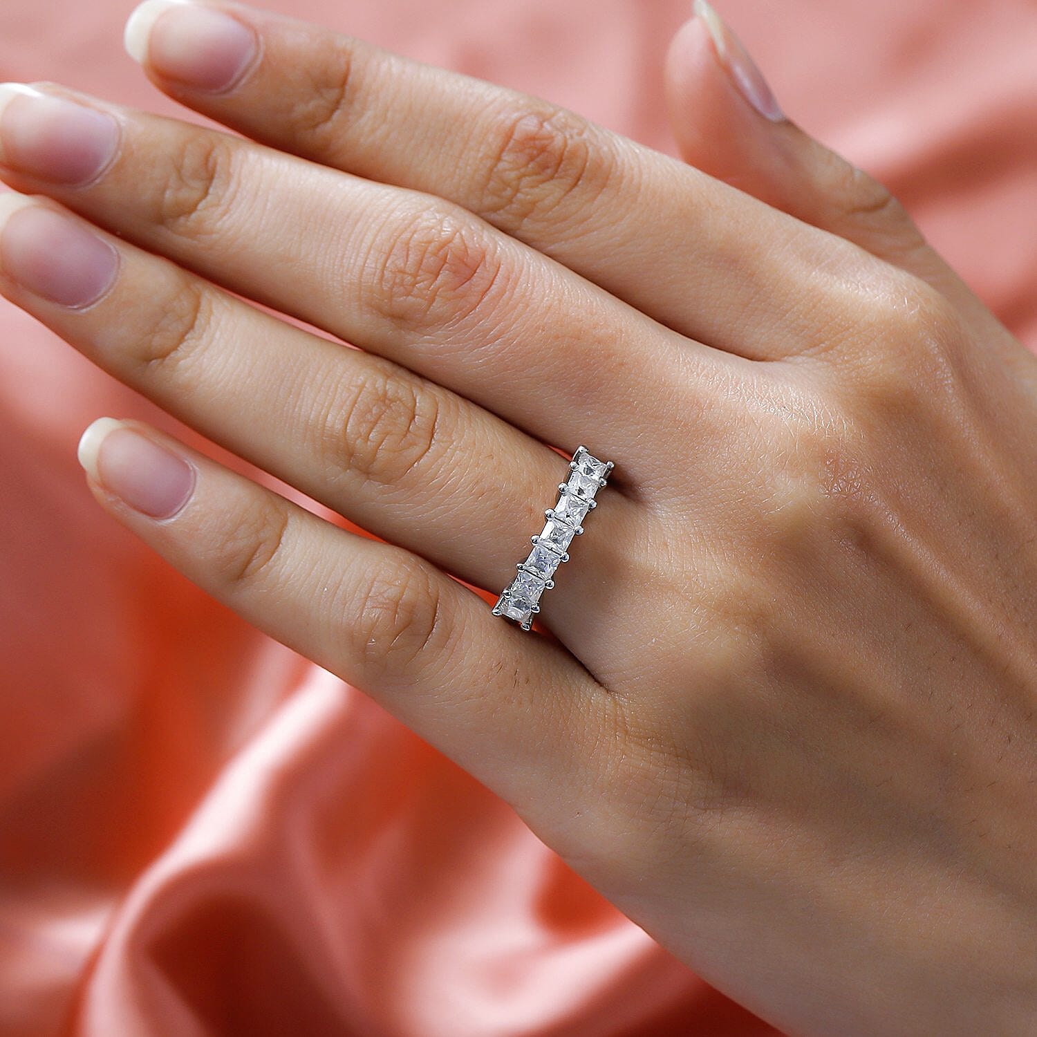 Moissanite Half Eternity Ring in Platinum Overlay Sterling Silver 1.00 Ct.