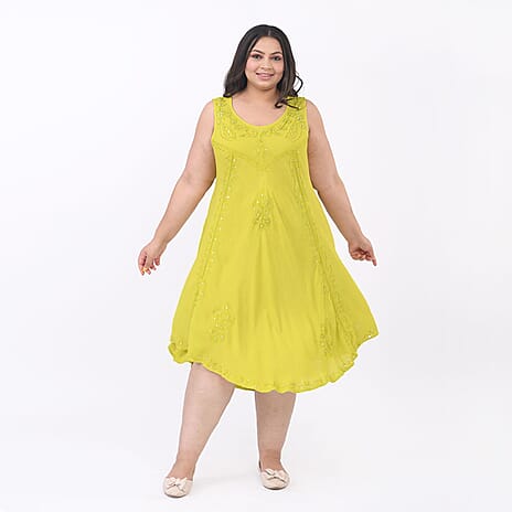 Summer Closeout -TAMSY 100% Viscose Sequin Floral Embroidery Umbrella Dress - (One Size Curve 20-26) - Lime