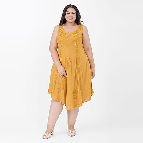 100% Viscose Sequin Embroidered Umbrella Dress with Pockets (One Size Curve, 20-26) - Orange