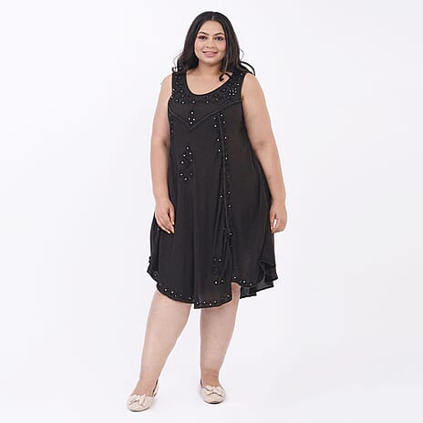 100% Viscose Sequin Embroidered Umbrella Dress with Pockets (One Size Curve, 20-26) - Dark Brown