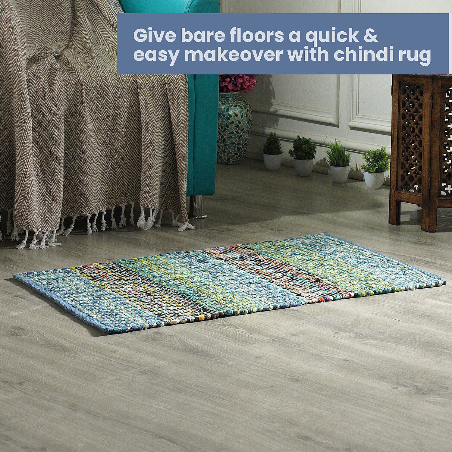 Handwoven Cotton Rag Mat (Size 90x60) - Turquoise and Multi