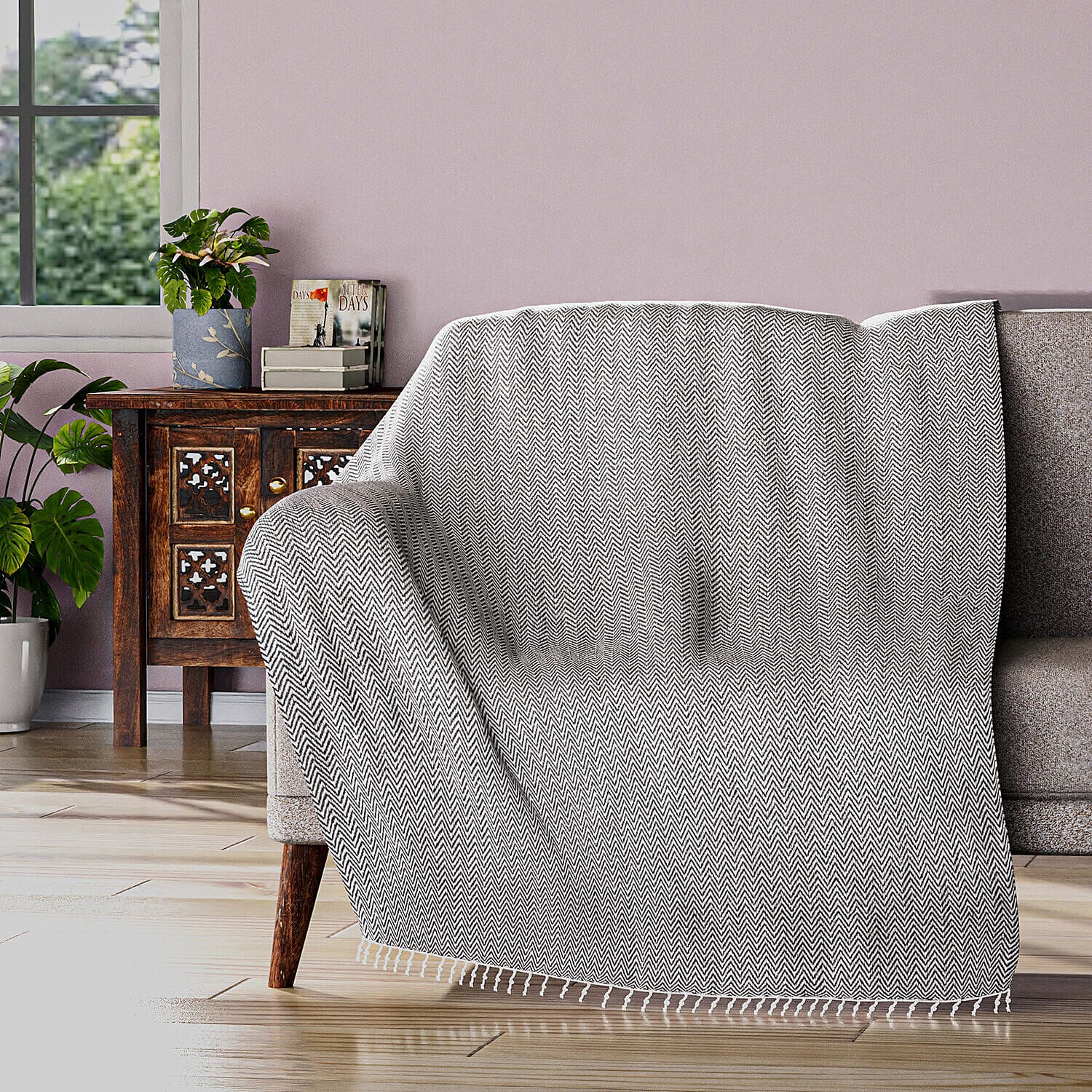 Cotton Chevron Patterned Throw Blanket (Size 170x130 cm) - Cream