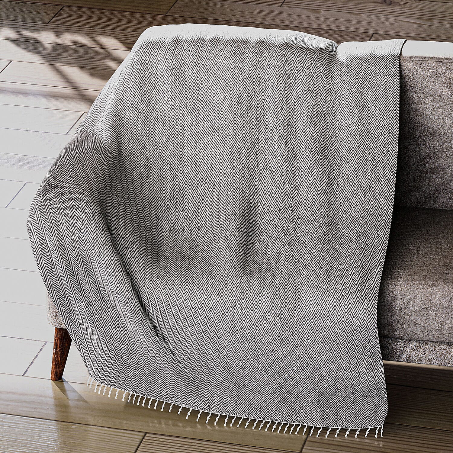 Cotton Chevron Patterned Throw Blanket (Size 170x130 cm) - Cream