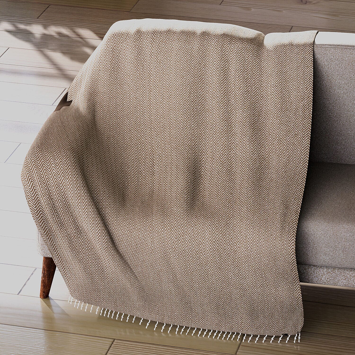 Cotton Chevron Patterned Throw Blanket (Size 170x130 cm) - Beige