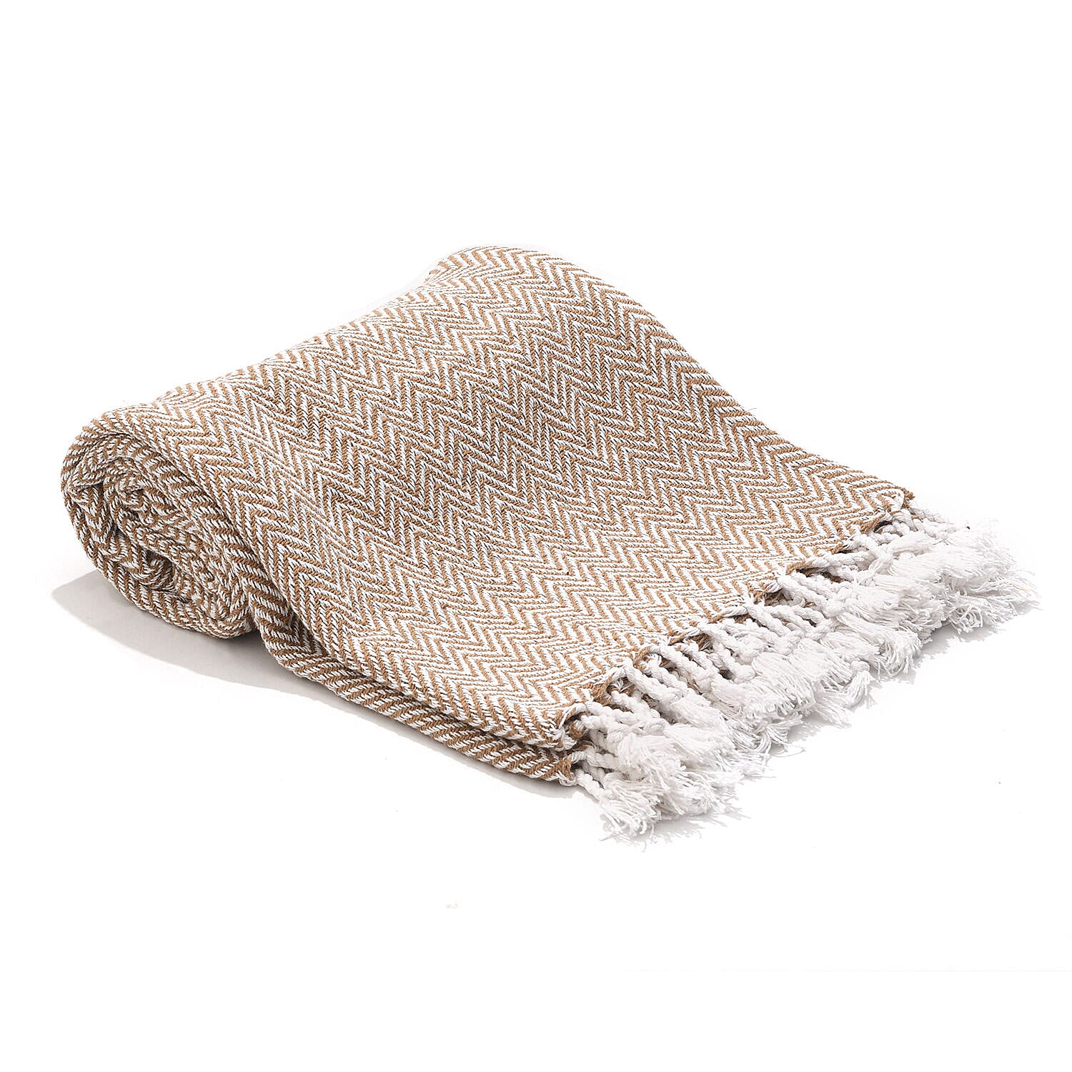 Cotton Chevron Patterned Throw Blanket (Size 170x130 cm) - Beige