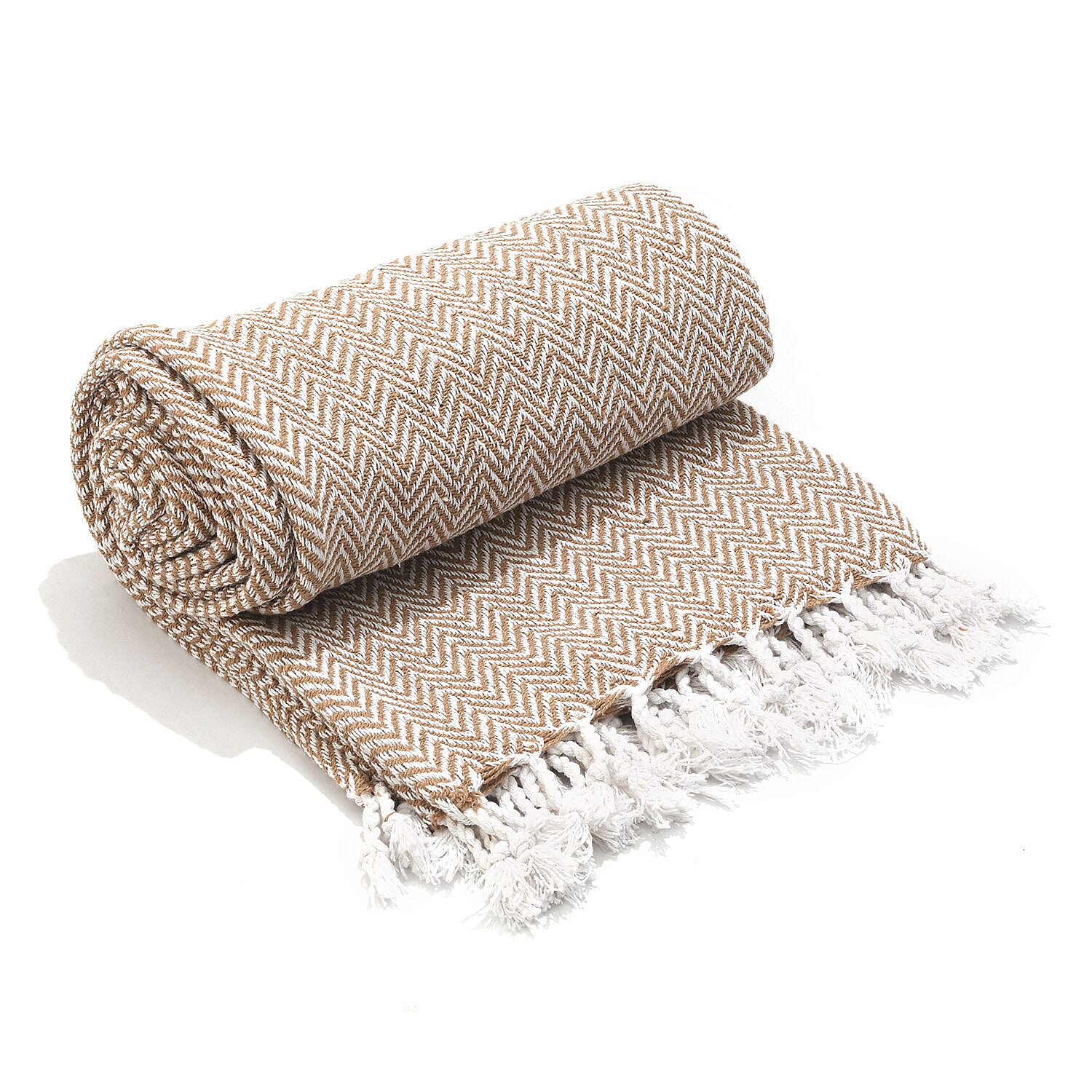 Cotton Chevron Patterned Throw Blanket (Size 170x130 cm) - Beige