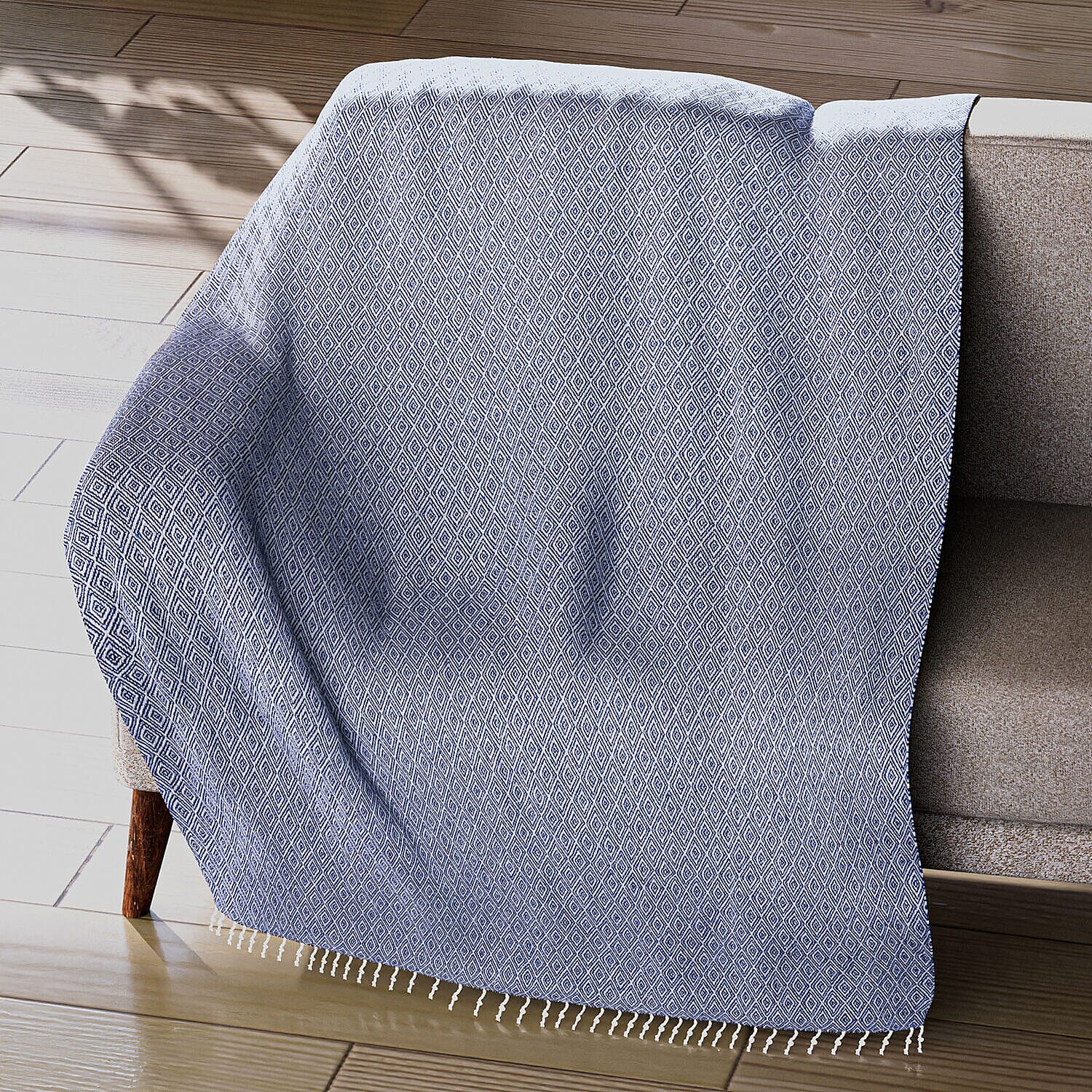 Cotton Chevron Patterned Throw Blanket (Size 170x130 cm) - Blue