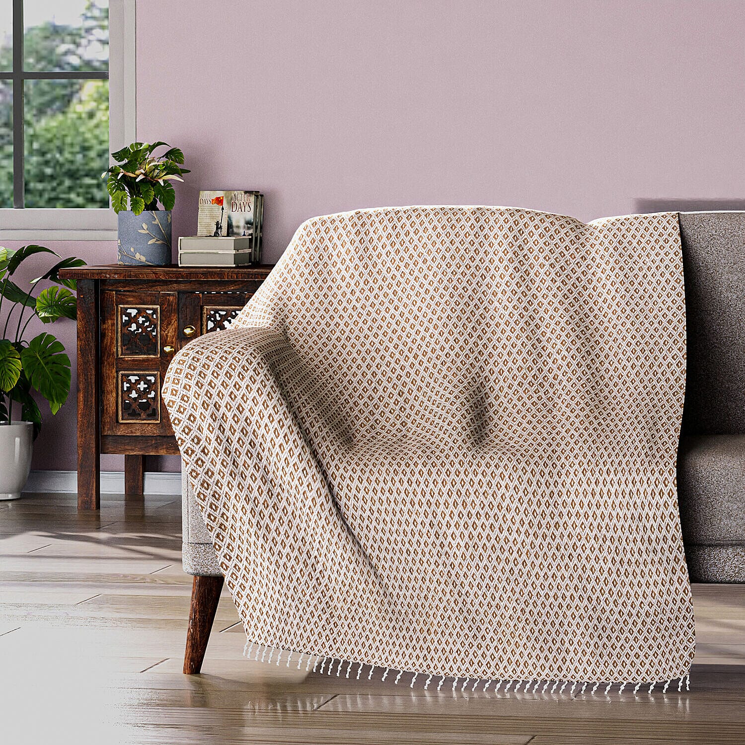 Cotton Chevron Patterned Throw Blanket (Size 170x130 cm) - Brown