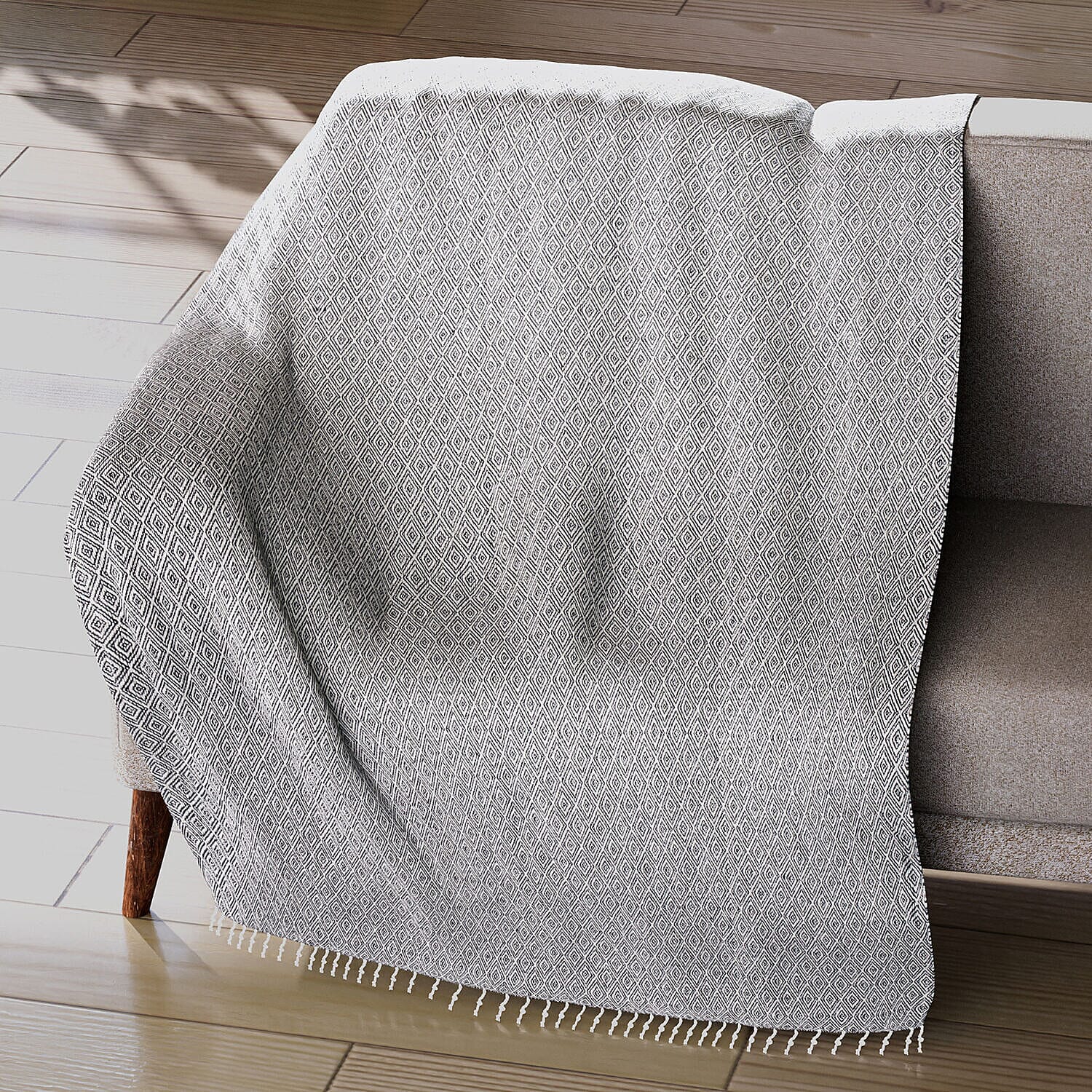 Cotton Chevron Patterned Throw Blanket (Size 170x130 cm) - Light Grey