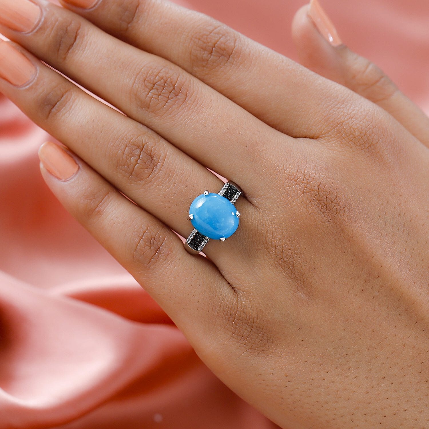 Arizona Sleeping Beauty Turquoise, Boi Ploi Black Spinel and Natural Zircon Ring in Platinum Overlay Sterling Silver 4.40 Ct.