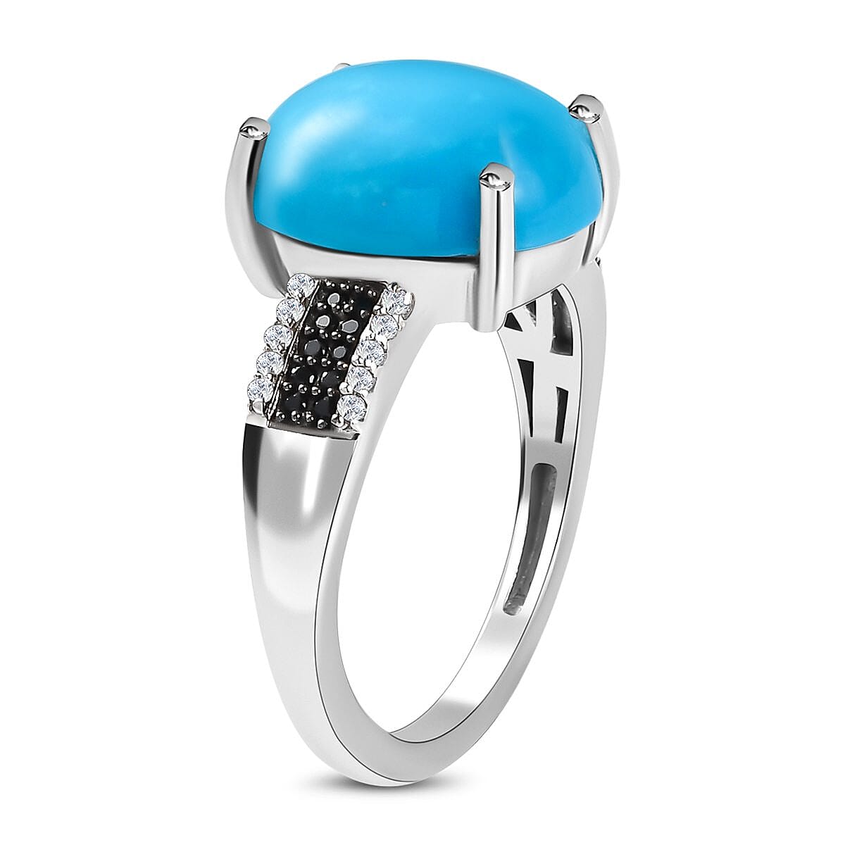 Arizona Sleeping Beauty Turquoise, Boi Ploi Black Spinel and Natural Zircon Ring in Platinum Overlay Sterling Silver 4.40 Ct.