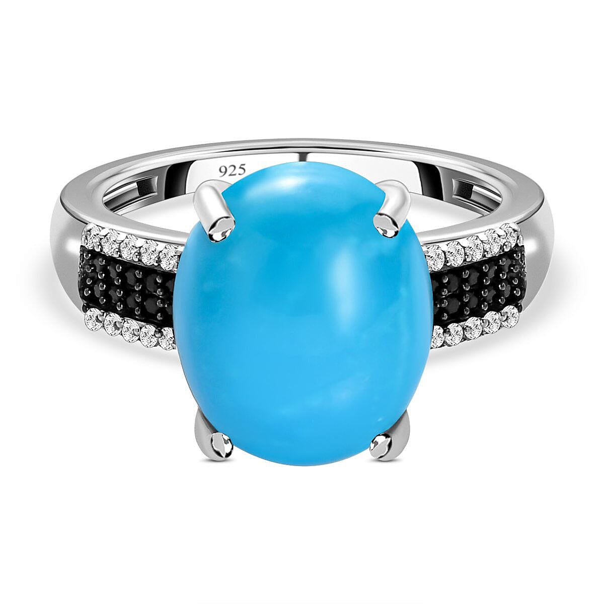 Arizona Sleeping Beauty Turquoise, Boi Ploi Black Spinel and Natural Zircon Ring in Platinum Overlay Sterling Silver 4.40 Ct.