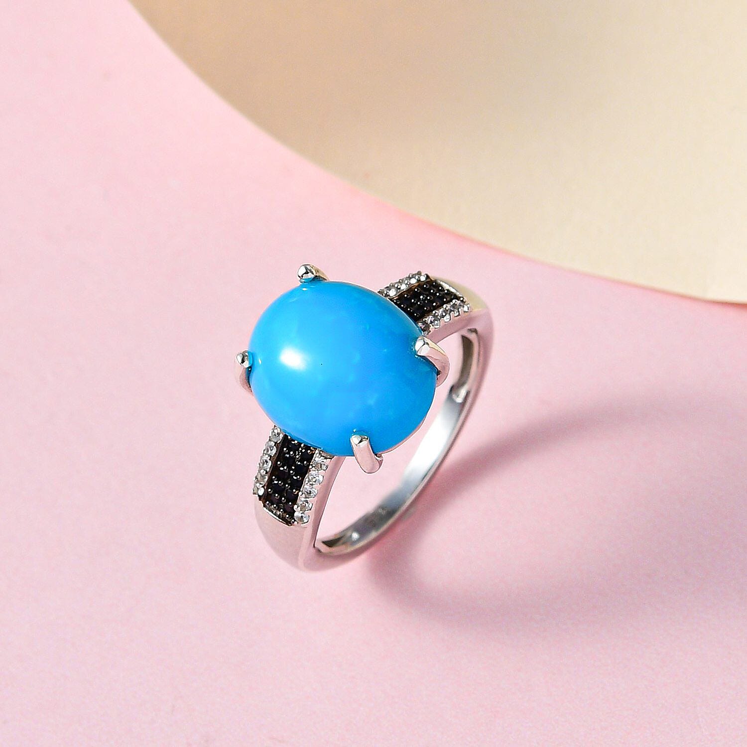 Arizona Sleeping Beauty Turquoise, Boi Ploi Black Spinel and Natural Zircon Ring in Platinum Overlay Sterling Silver 4.40 Ct.