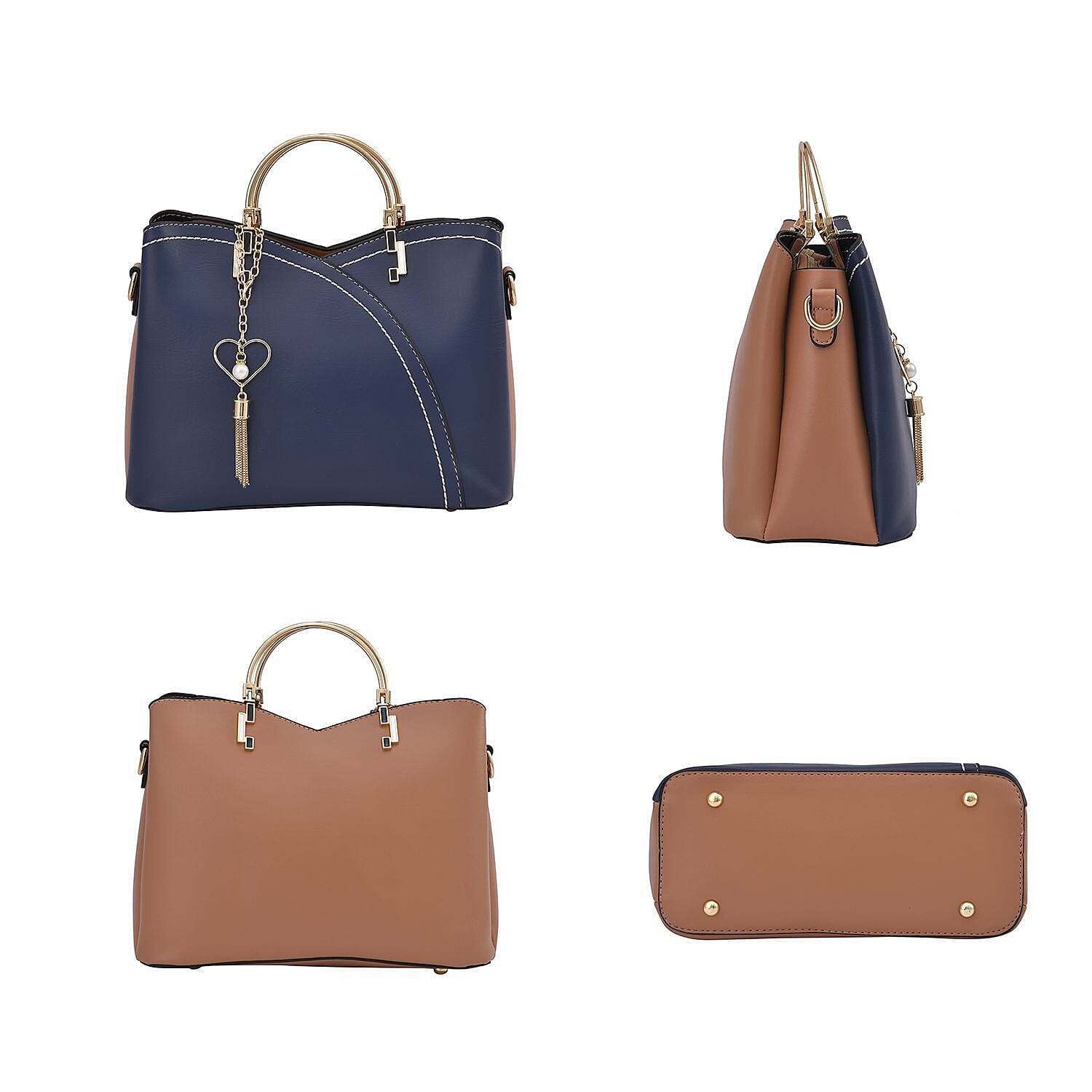 Closeout - Parisian Chic Style Metal Handle Handbag -Navy Blue - Pink