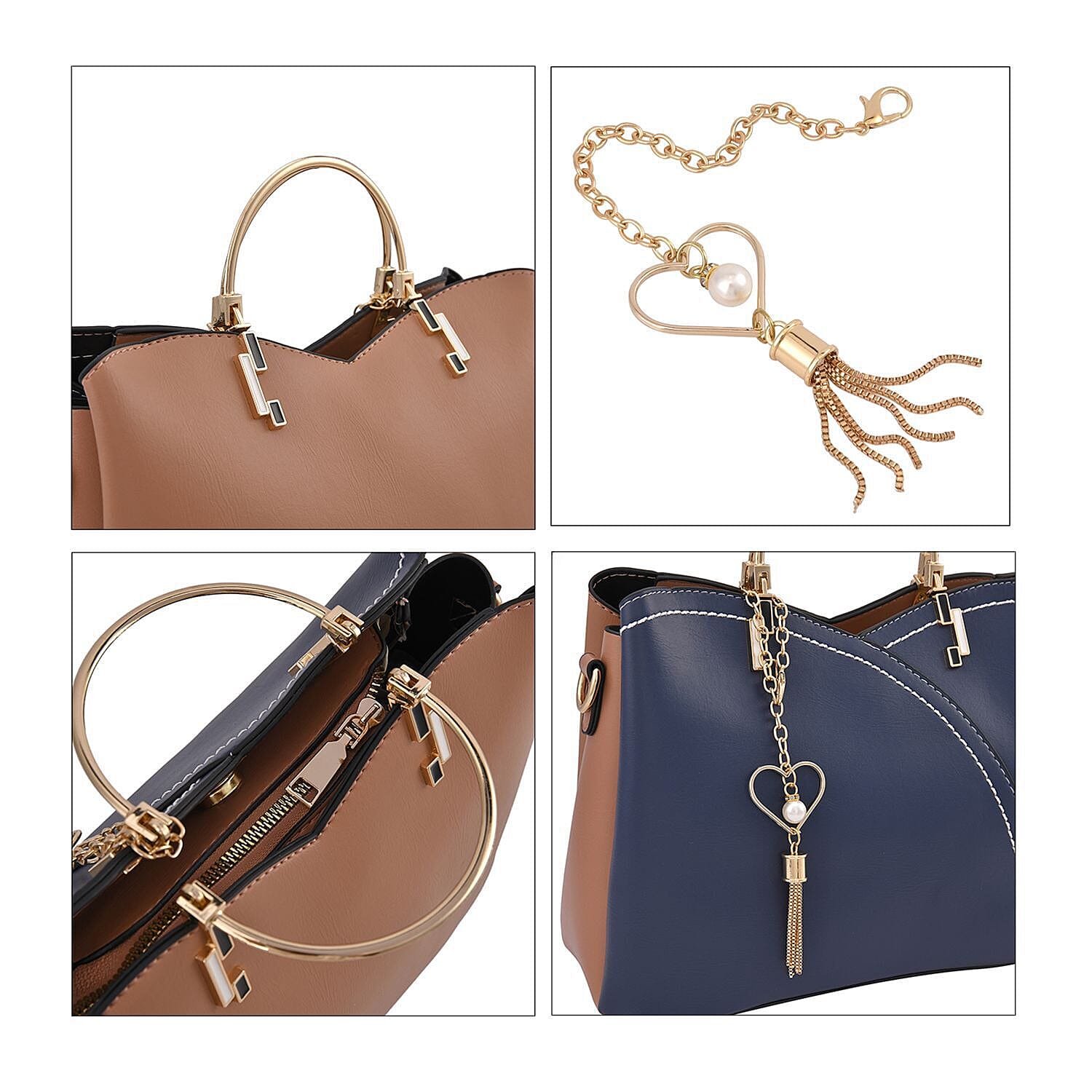 Closeout - Parisian Chic Style Metal Handle Handbag -Navy Blue - Pink