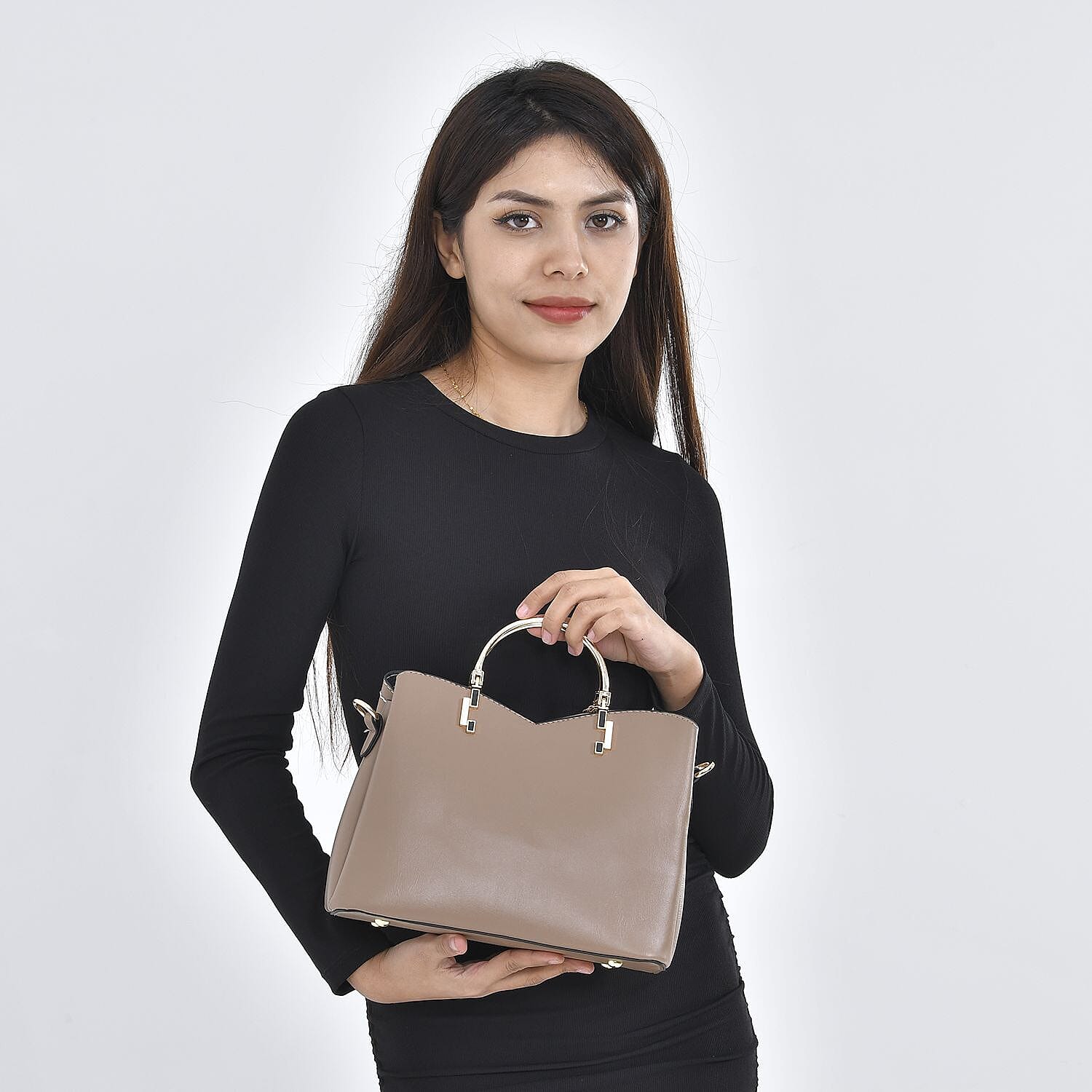 Closeout - Parisian Chic Style Metal Handle Handbag (Size 29x21x14 Cm) - White & Beige