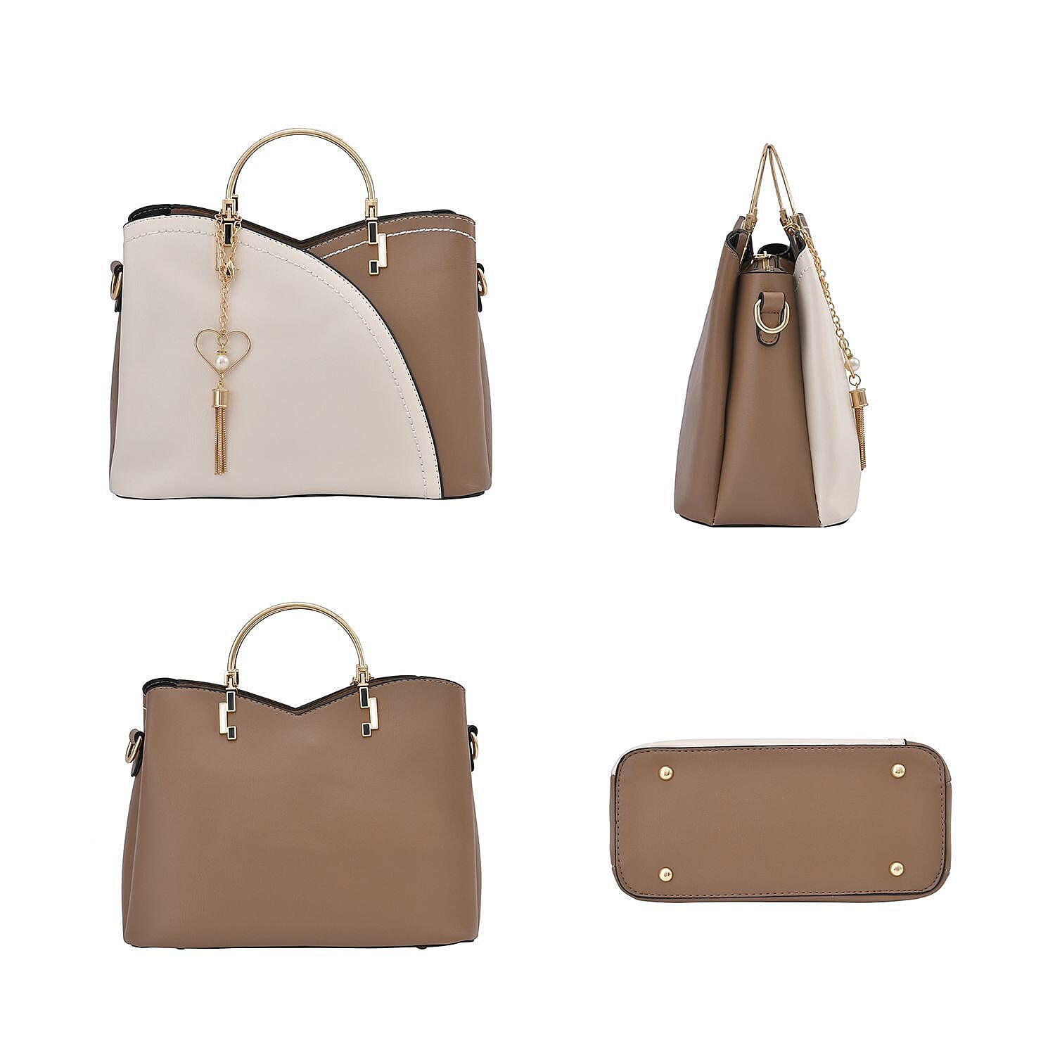 Closeout - Parisian Chic Style Metal Handle Handbag (Size 29x21x14 Cm) - White & Beige