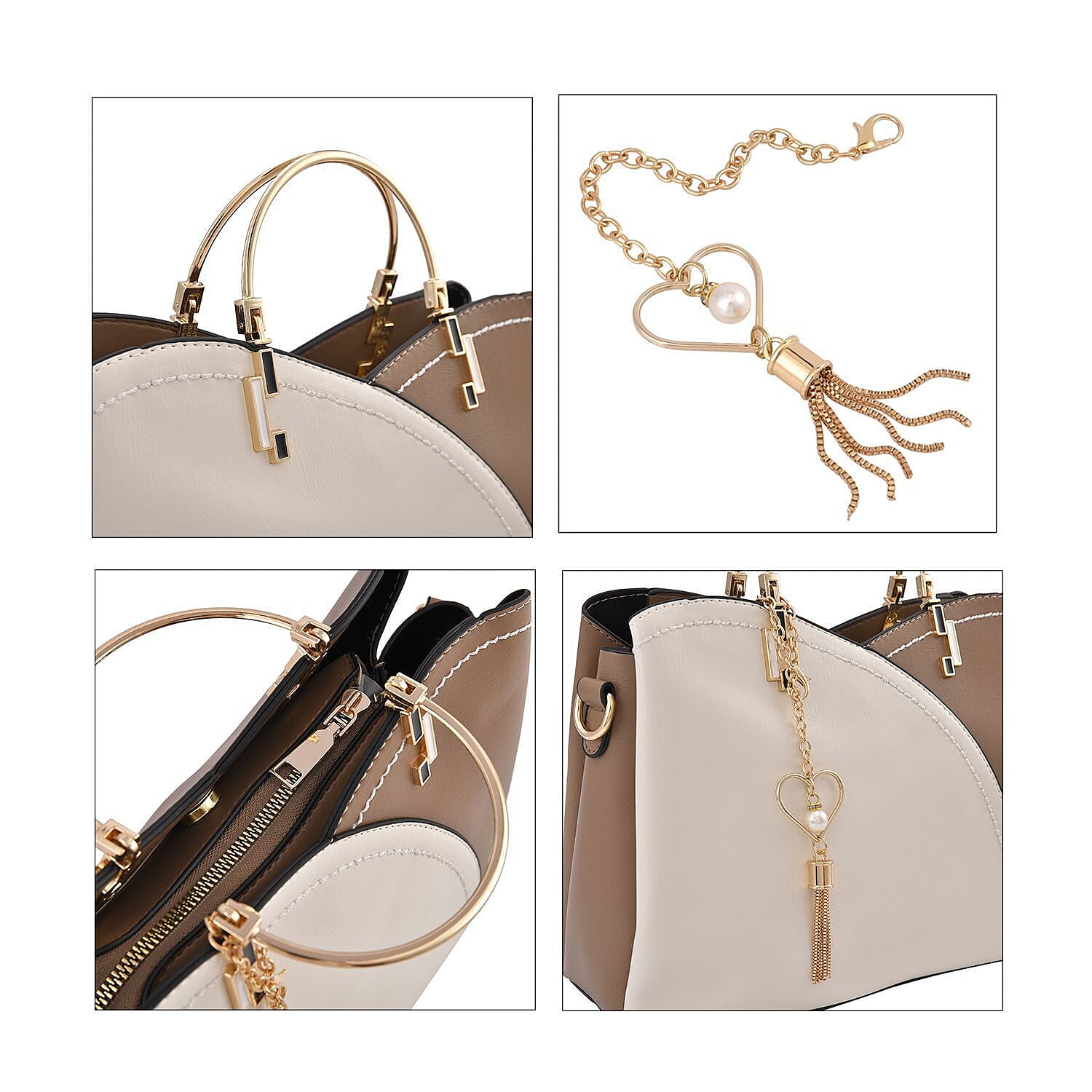 Closeout - Parisian Chic Style Metal Handle Handbag (Size 29x21x14 Cm) - White & Beige