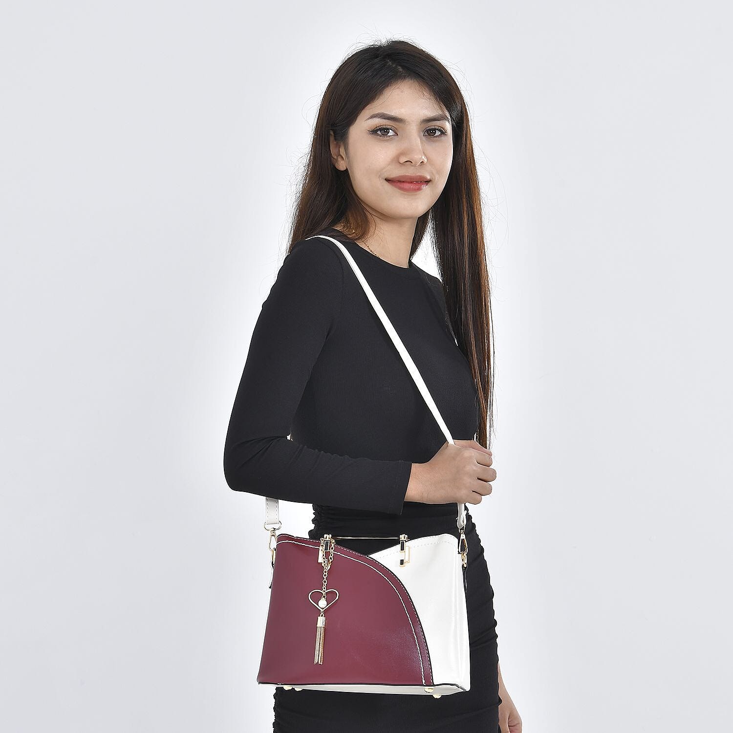 Closeout - Parisian Chic Style Metal Handle Handbag - Burgundy & White
