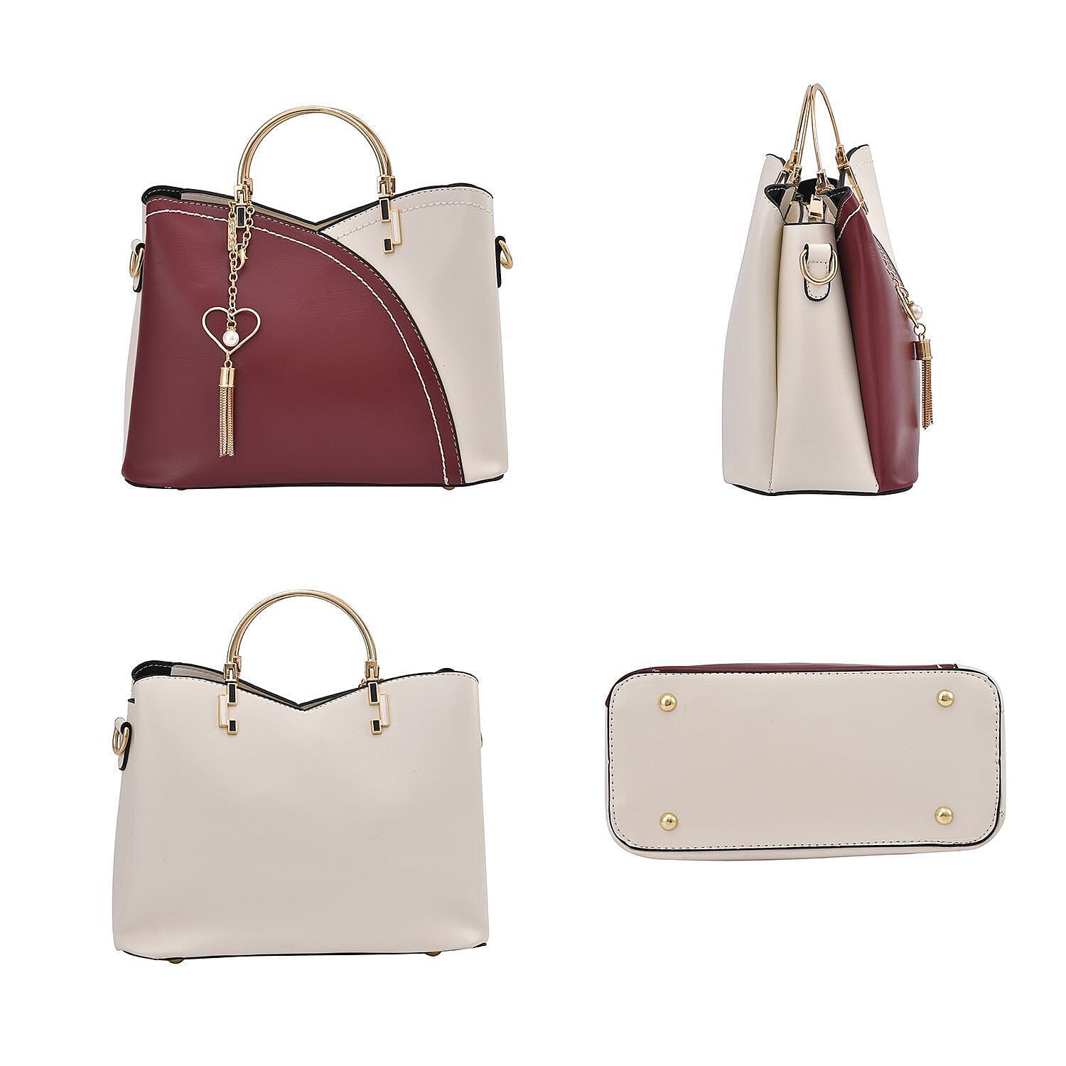 Closeout - Parisian Chic Style Metal Handle Handbag - Burgundy & White