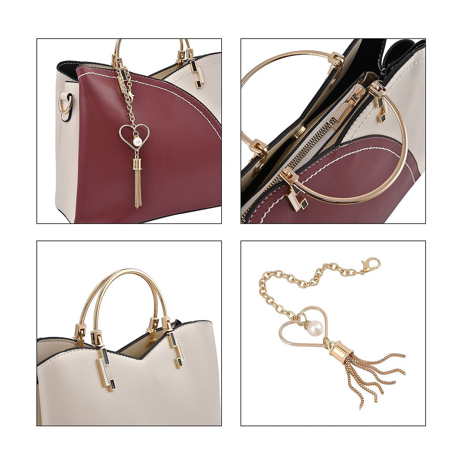 Closeout - Parisian Chic Style Metal Handle Handbag - Burgundy & White