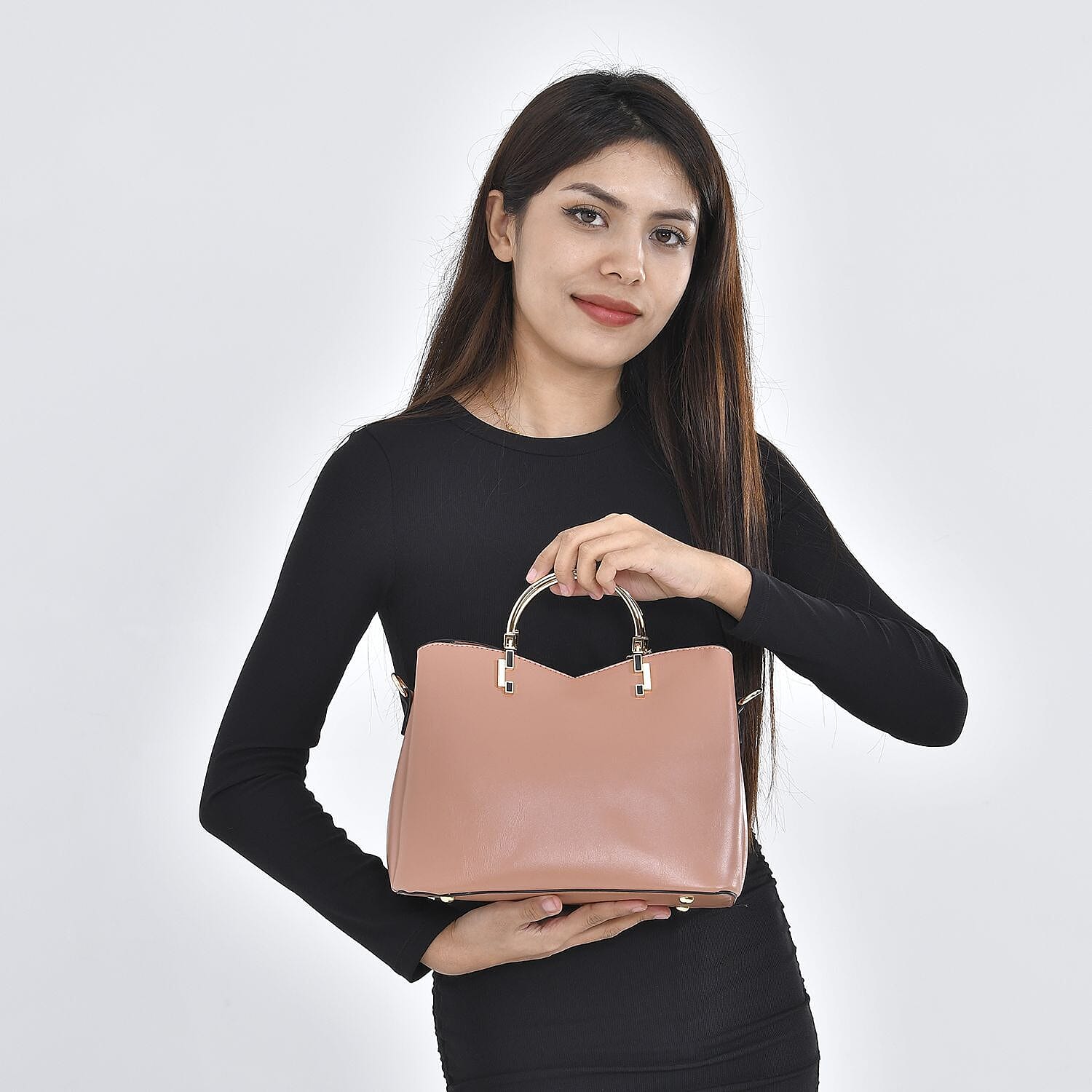 Closeout - Parisian Chic Style Metal Handle Handbag - Light Blue & Pink