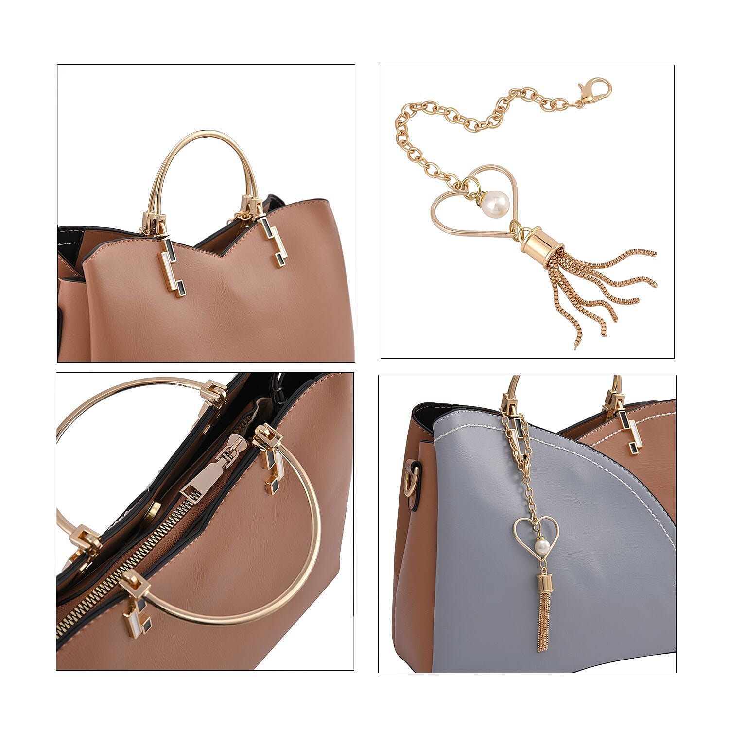 Closeout - Parisian Chic Style Metal Handle Handbag - Light Blue & Pink