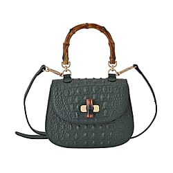 Genuine Leather Embossed Snakeskin Pattern Convertible Bag with Detachable Long Strap (Size 21x15x7 cm) - Green