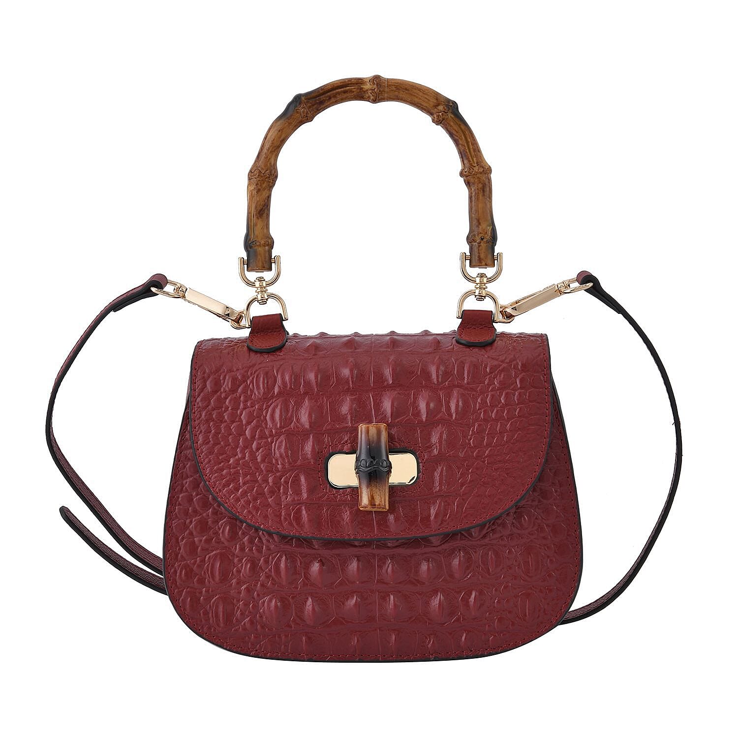 Close Out Deal - Premium Quality Leather with Bamboo Style Handle Handbag - Burgundy