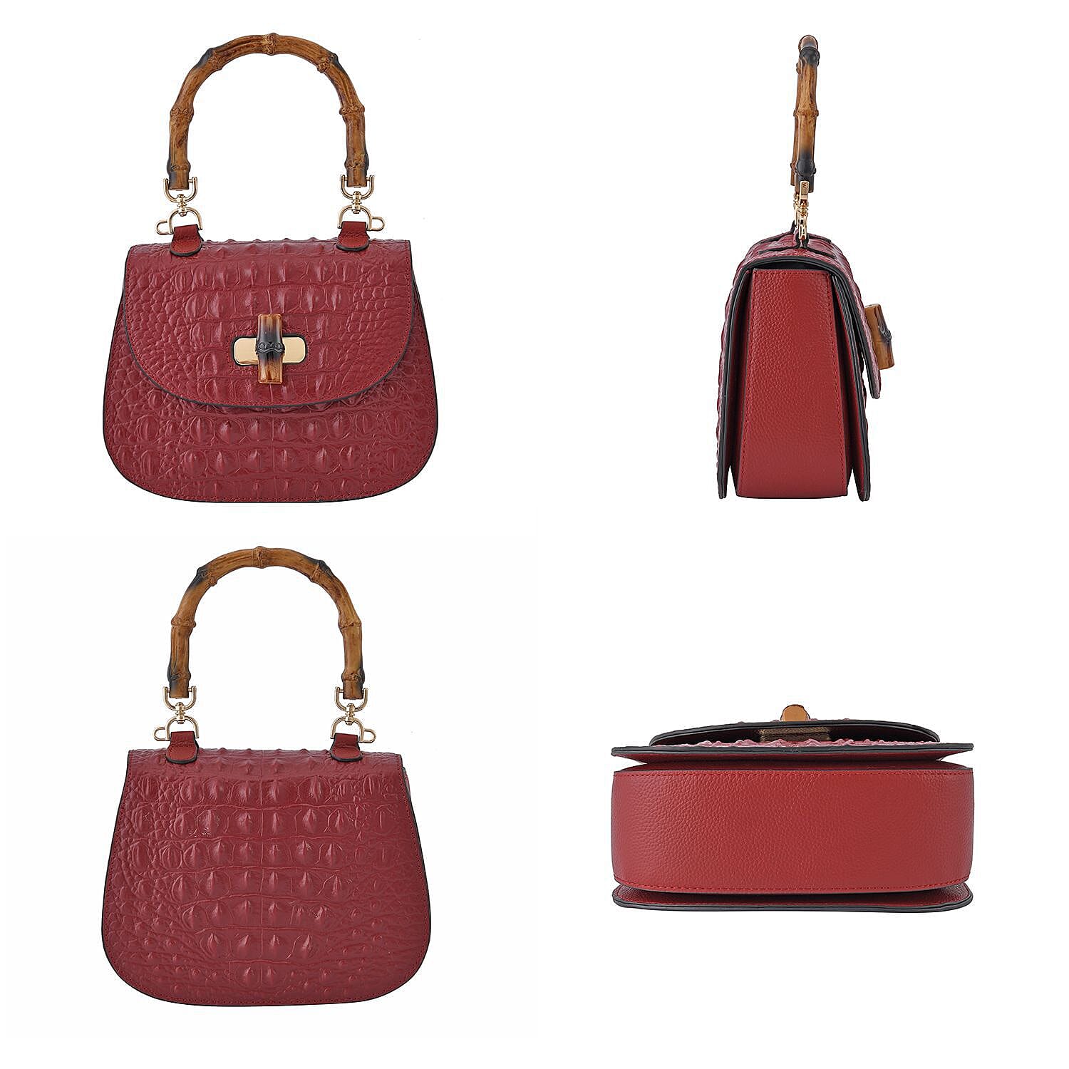 Close Out Deal - Premium Quality Leather with Bamboo Style Handle Handbag - Burgundy