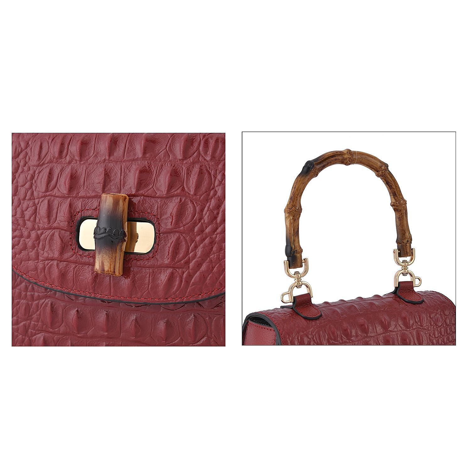 Close Out Deal - Premium Quality Leather with Bamboo Style Handle Handbag - Burgundy
