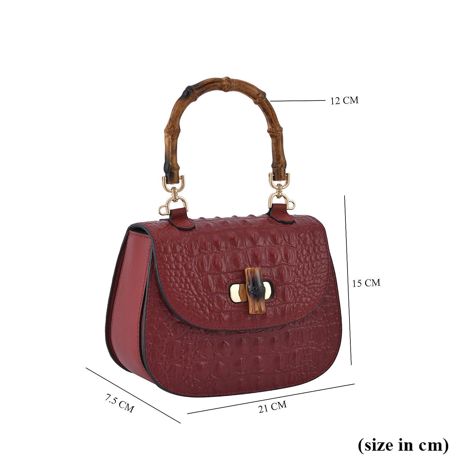 Close Out Deal - Premium Quality Leather with Bamboo Style Handle Handbag - Burgundy