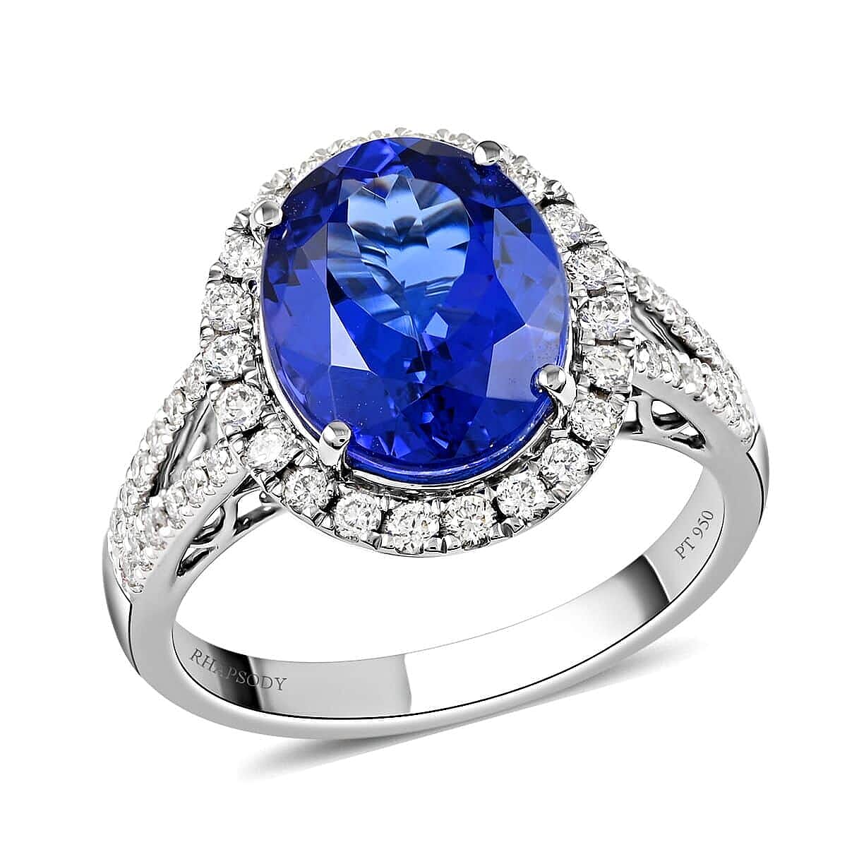 RHAPSODY 950 Platinum AGI Certified AAAA Tanzanite & Diamond (VS-E-F) Ring 5.30 Ct, Platinum Wt. 6.65 Gms