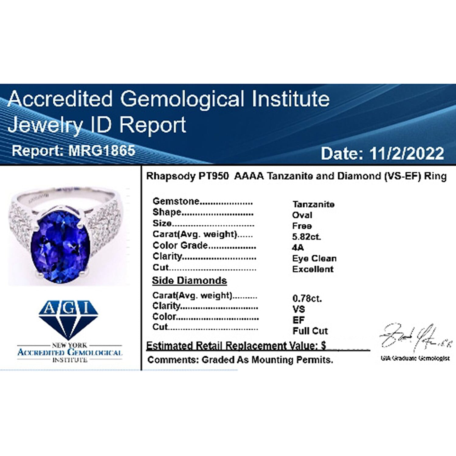 950 Platinum AAAA Tanzanite & White Diamond VS Ring 6.60 Ct,  Platinum Wt. 9.57 Gms