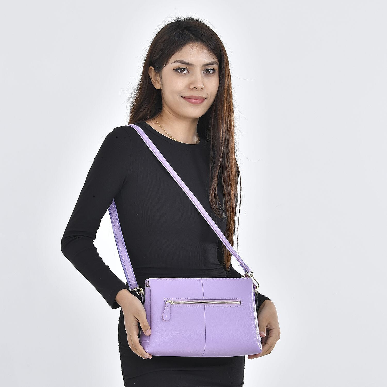 Sencillez 100% Genuine Leather Crossbody Bag with Detachable Shoulder Strap - Purple