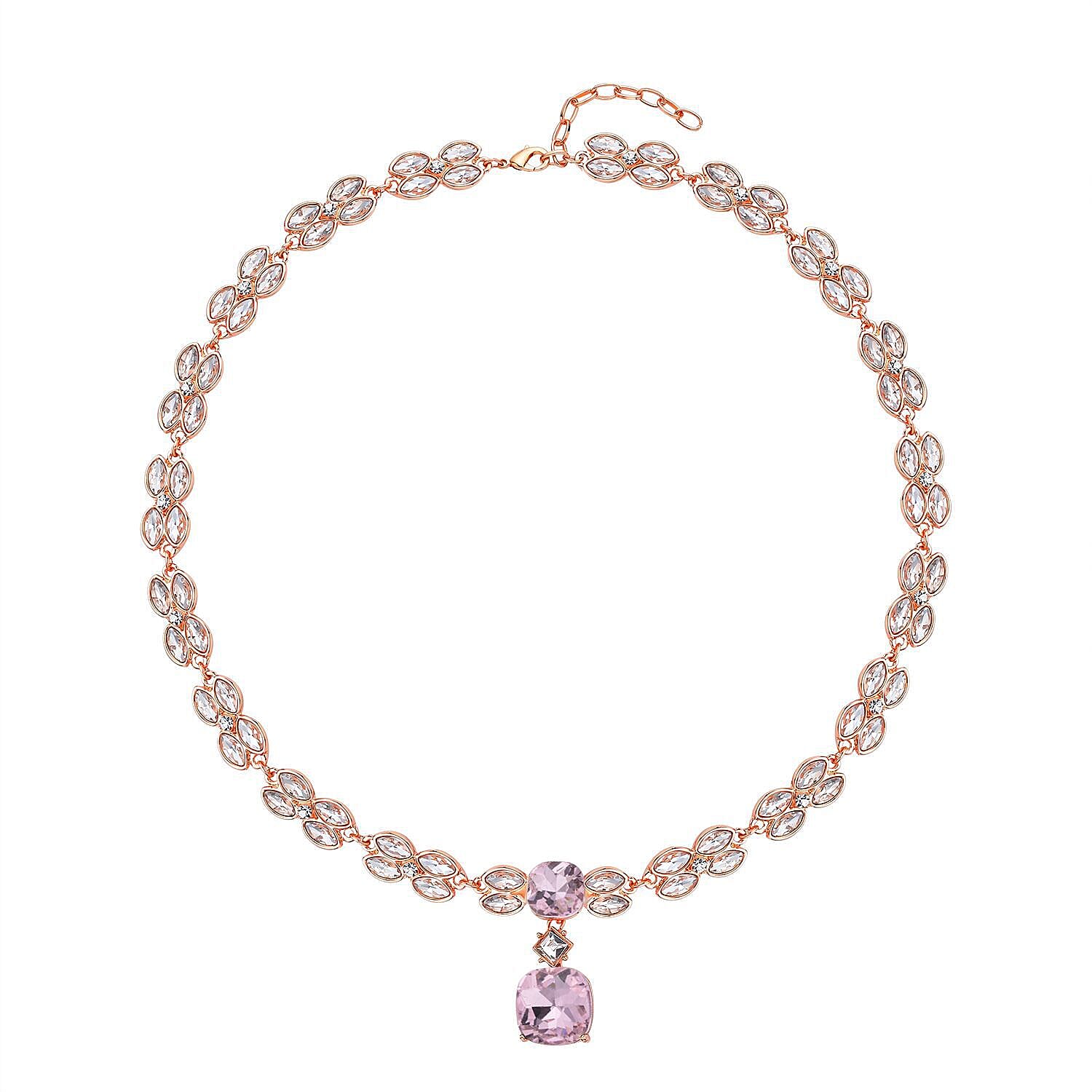 Simulated Pink Sapphire, Simulated Diamond and White Austrian Crystal Necklace (Size - 20 - 2 Inch Ext.) in Rose Gold Tone