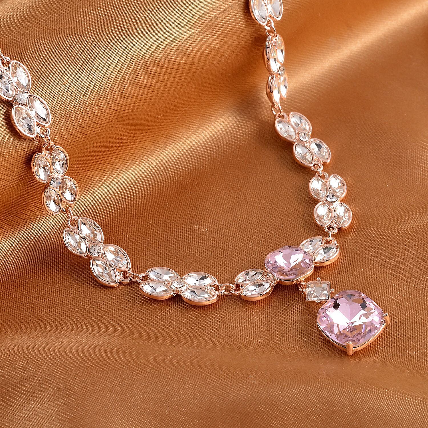 Simulated Pink Sapphire, Simulated Diamond and White Austrian Crystal Necklace (Size - 20 - 2 Inch Ext.) in Rose Gold Tone