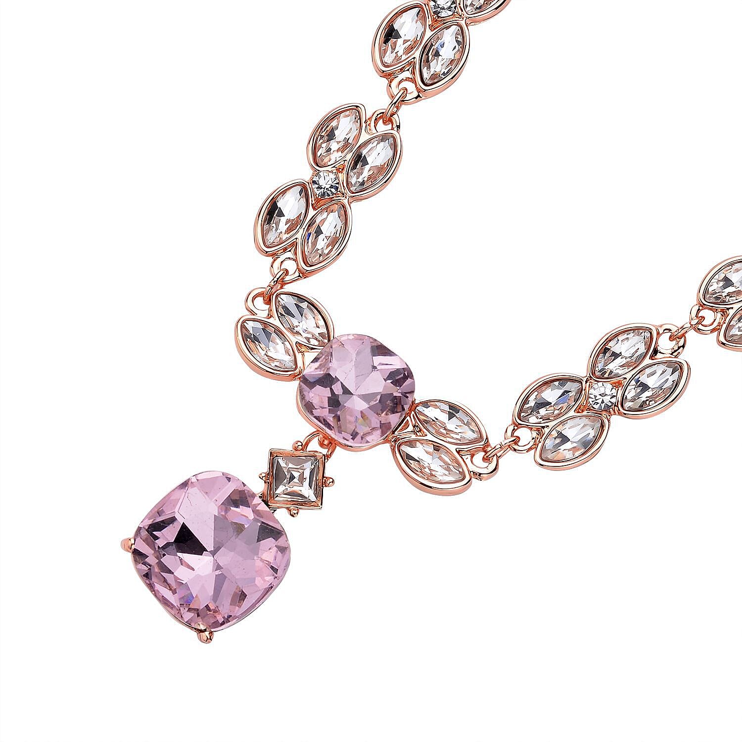Simulated Pink Sapphire, Simulated Diamond and White Austrian Crystal Necklace (Size - 20 - 2 Inch Ext.) in Rose Gold Tone