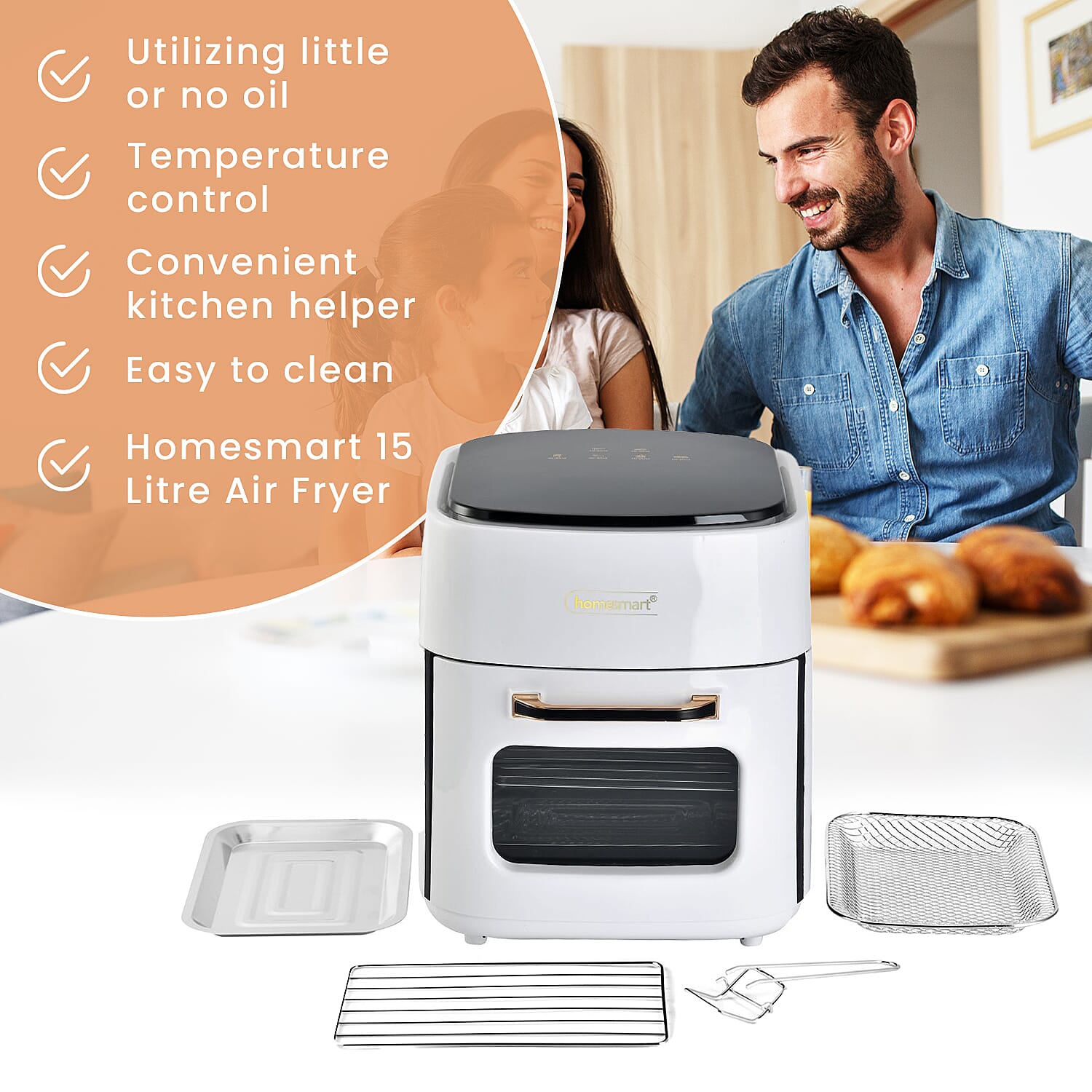 Homesmart 15 Litre Air Fryer (Size 37x31x29 cm) 1400W - White