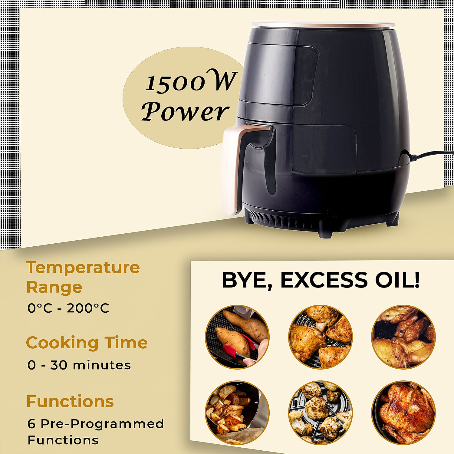 Homesmart Air Fryer 4.5L (1400W) - Air Fry, Roast, Bake, Reheat - Uses little to no oil, - Black (34x30cm)