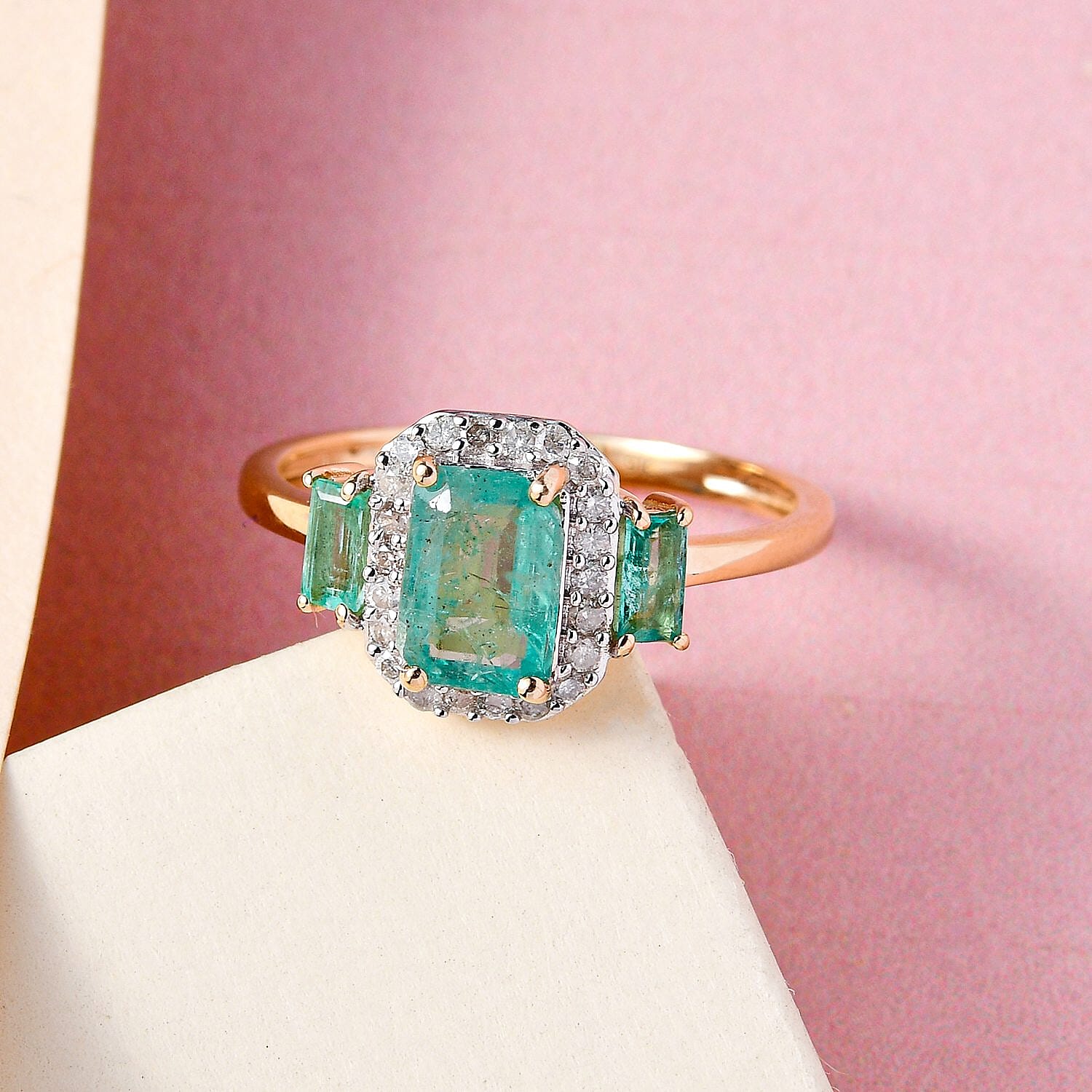 9K Yellow Gold Premium Emerald and Diamond Ring 1.33 Ct.