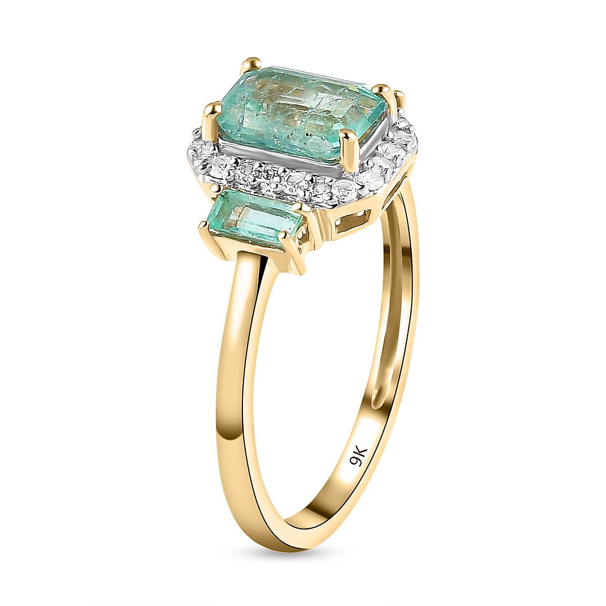 9K Yellow Gold Premium Emerald and Diamond Ring 1.33 Ct.