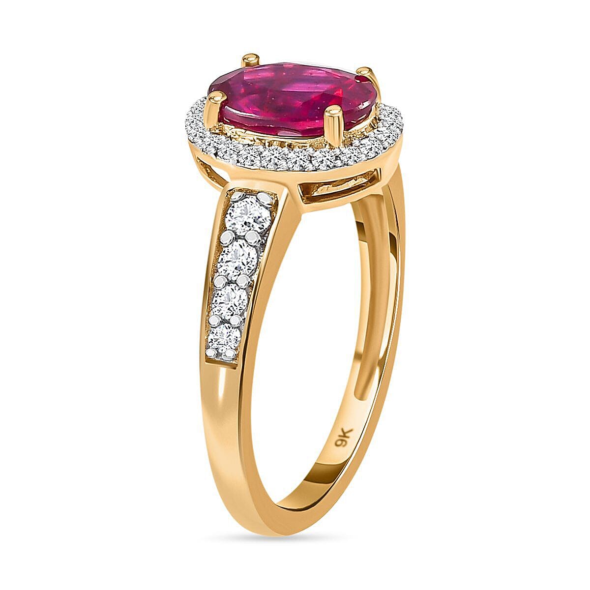 9K Yellow Gold Ruby (FF) and Moissanite Halo Ring 1.90 Ct