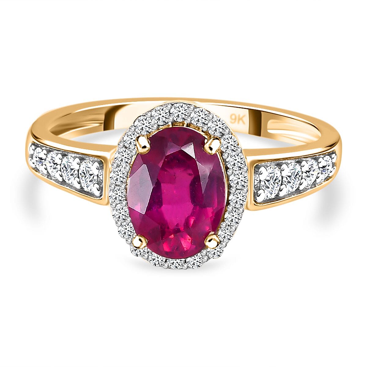 9K Yellow Gold Ruby (FF) and Moissanite Halo Ring 1.90 Ct